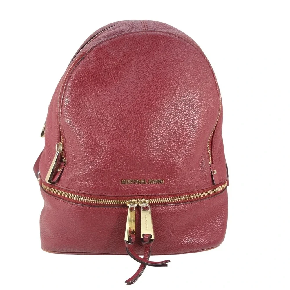 Michael Kors Rhea Medium‎ Pebbled Leather Backpack Cherry Gold Hardware Bag